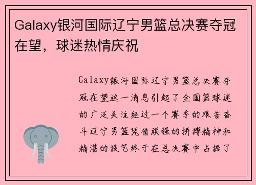 Galaxy银河国际辽宁男篮总决赛夺冠在望，球迷热情庆祝