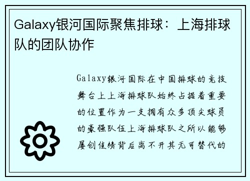Galaxy银河国际聚焦排球：上海排球队的团队协作