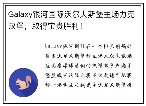 Galaxy银河国际沃尔夫斯堡主场力克汉堡，取得宝贵胜利！