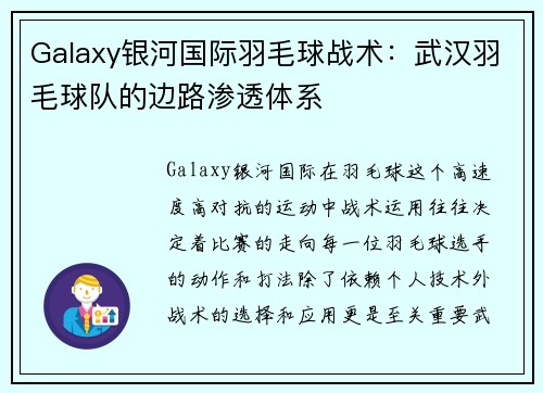 Galaxy银河国际羽毛球战术：武汉羽毛球队的边路渗透体系